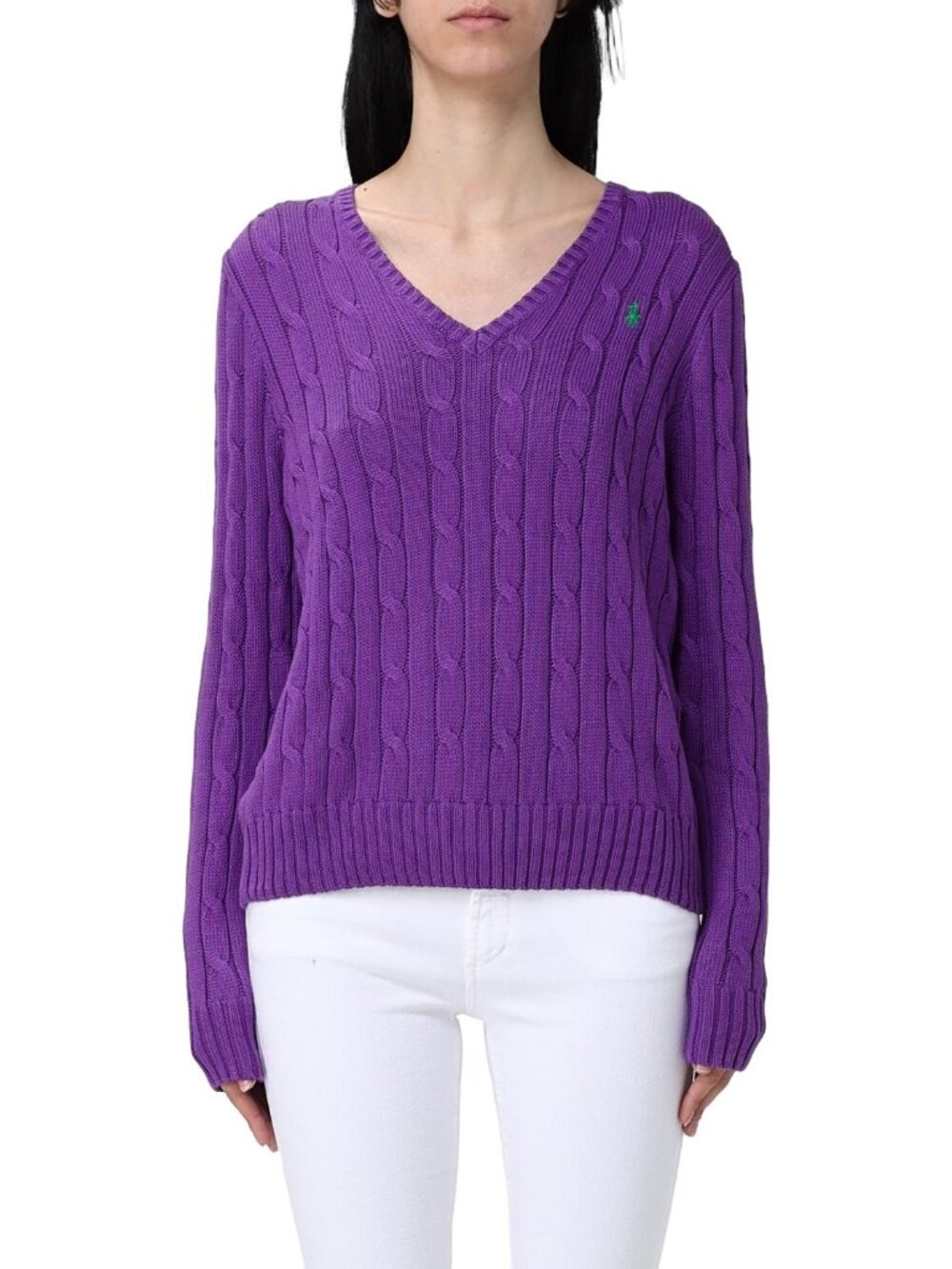 Polo Ralph Lauren Pony 100% Cotton Cable Knit V-Neck Sweater Purple
